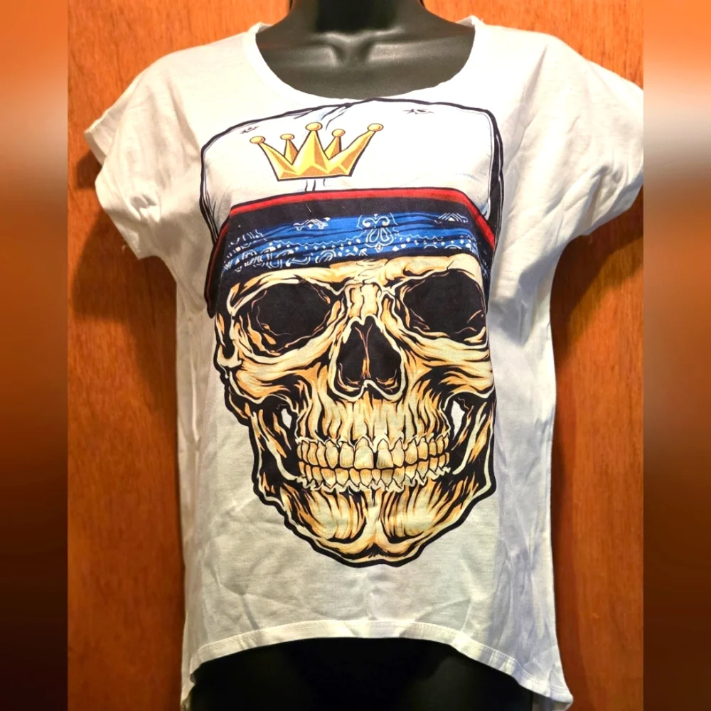 Mittelmeer skull graphic white t-shirt capped sleeves high/low hemline szF - Picture 1 of 6